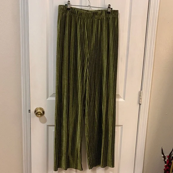 Pea Green Shimmery Striped Pants - Picture 1 of 3